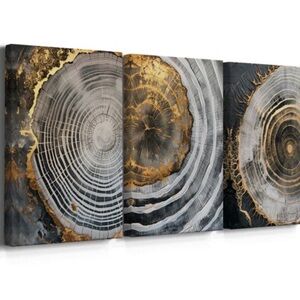 Elegant Gold and Gray Tree Ring Canvas Art Set